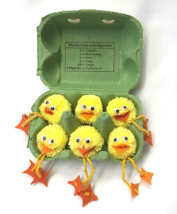 Here's a box of chicks. Make all 6 at a time. Sew on two black beads for eyes and a felt folded square for a beak. Find instructions in our project book.