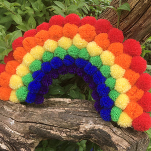 Different sizes and rainbow coloured pompoms attached to half of a florists wreath. See how to make wreaths in our project book, available to buy online.
