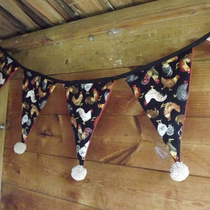More fabulous bunting! The pompoms have been colour matched to this lovely chicken bunting hanging in a garden chicken house - (summerhouse!)