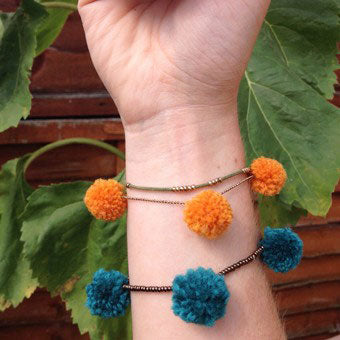 Festival summer accessories! Pompom all your bracelets. The pompom ties make these so easy to make.