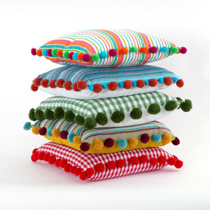Affordable Colourful Cushion Set - 10 tea towels made into 5 colourful cushions. Mix and match your pompoms