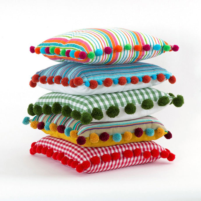 Affordable Colourful Cushion Set - 10 tea towels made into 5 colourful cushions. Mix and match your pompoms